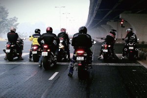 The motorcycle diaries: Anand Prasad (in yellow) and his entourage hammer down Delhi’s streets.