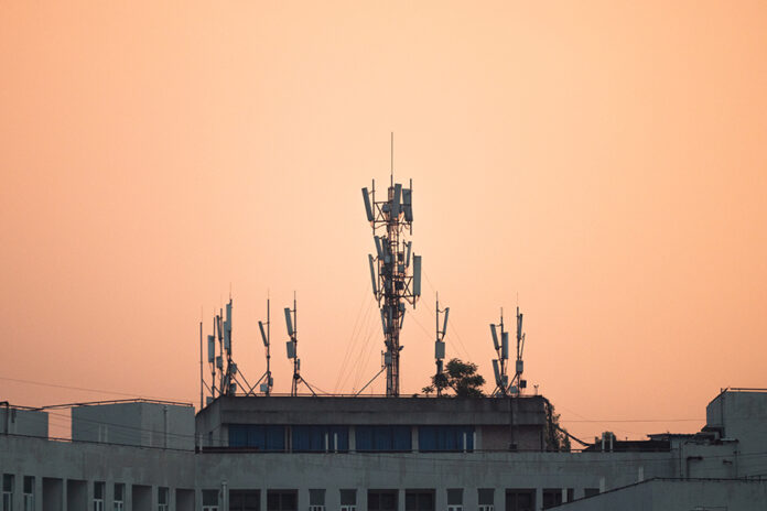 Telecommunications tower on top of the building